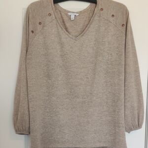 2x Tan V-Neck Sweater with Rose-gold Accents